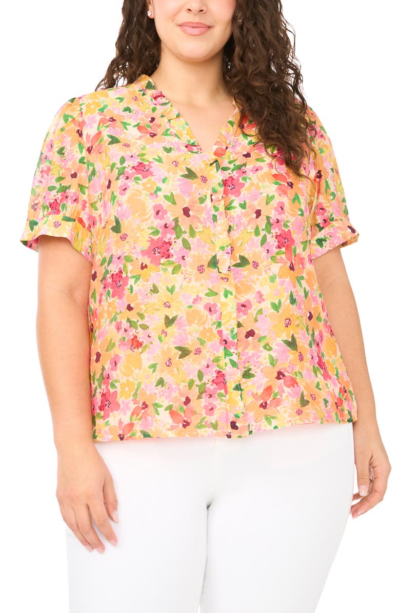 CeCe Floral Ruffle Placket Button-Up Top, Main, color, Claret Red