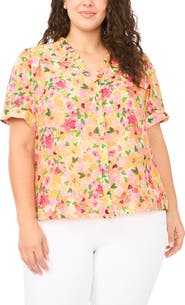 CeCe Floral Ruffle Placket Button-Up Top