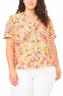 Floral Ruffle Placket Button-Up Top
