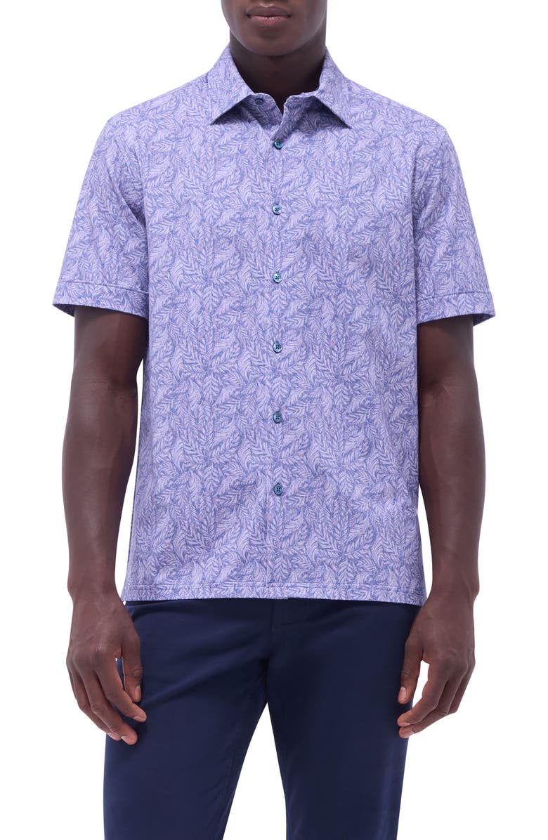 Bugatchi Milo OoohCotton<sup>®</sup> Leaf Print Short Sleeve Button-Up Shirt, Main, color, Lilac