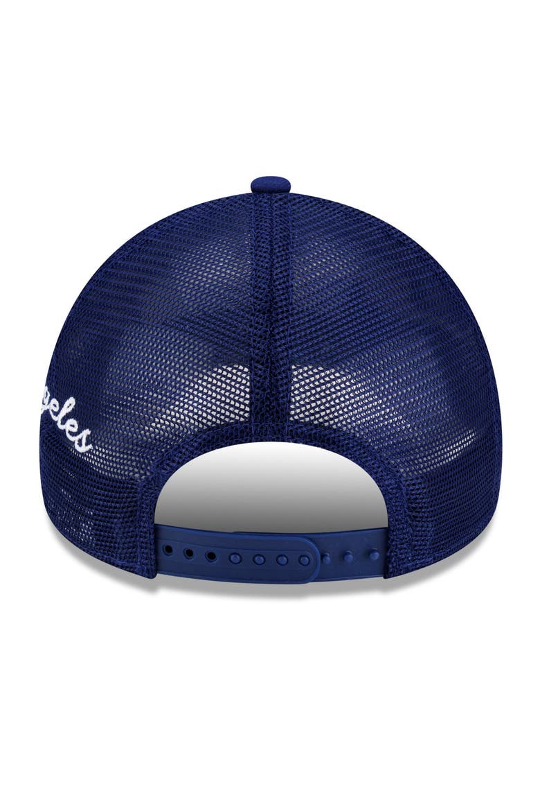 Men's New Era Royal Los Angeles Dodgers Side Script 9FORTY A-Frame Trucker Adjustable Hat, Alternate, color, Royal