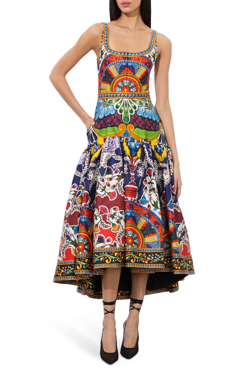 Alice + Olivia Diana Print High-Low Midi Dress, Main, color, 