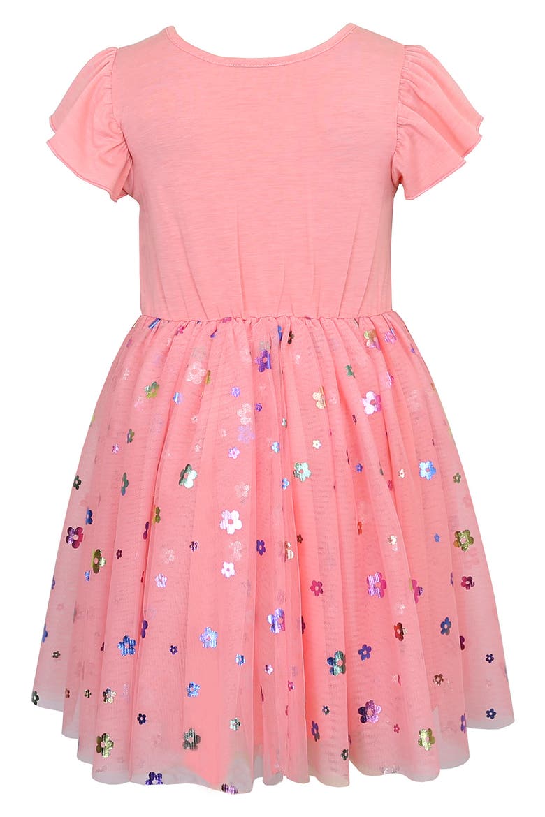 Kids' Flutter Sleeve Floral Appliqué Dress, Alternate, color, CORAL