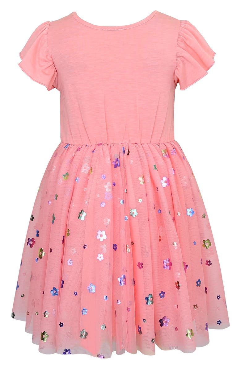 Zunie Kids' Flutter Sleeve Floral Appliqué Dress, Alternate, color, Coral