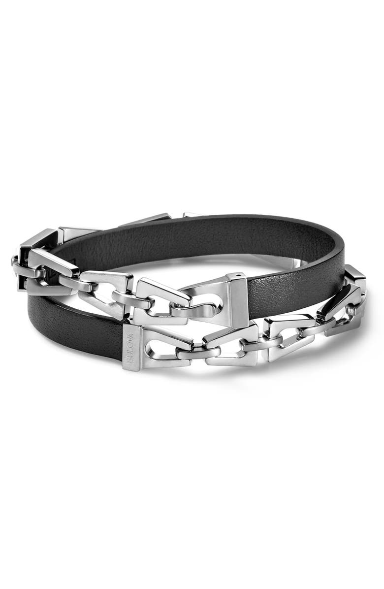 BULOVA Stainless Steel & Leather Wrap Bracelet, Main, color, 