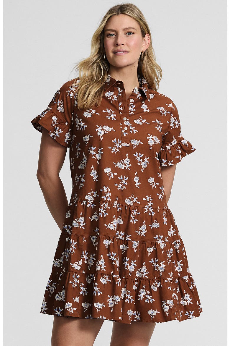 Poplin Flutter Sleeve Knee Length Popover Dress, Main, color, Rich Ginger Brown Floral