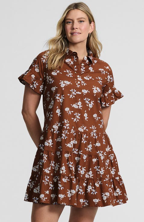 Poplin Flutter Sleeve Knee Length Popover Dress