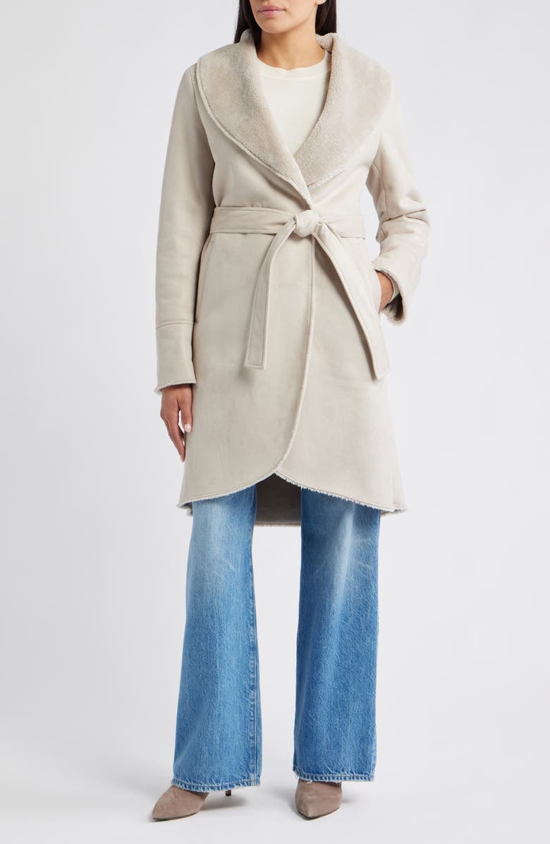 Via Spiga Belted Faux Shearling Coat, Main, color, Light Grey
