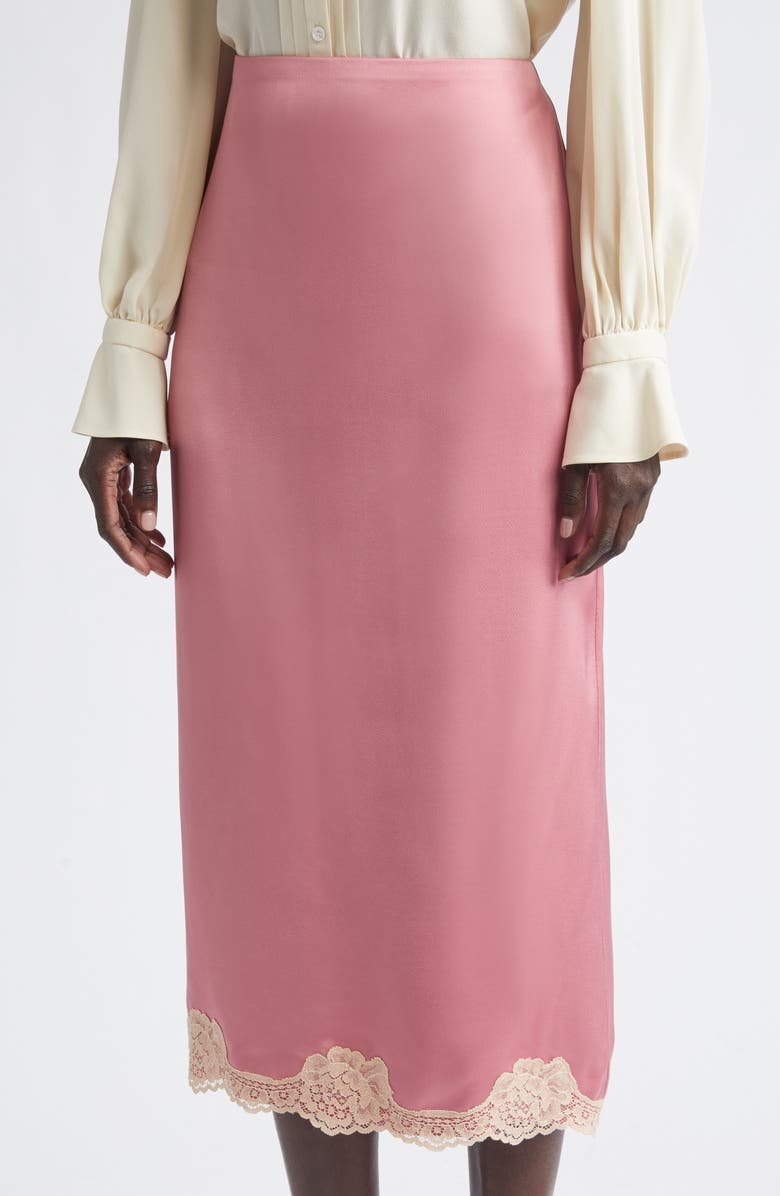Valentino Lace Trim Satin Cady Slip Skirt, Alternate, color, Dusty Rose