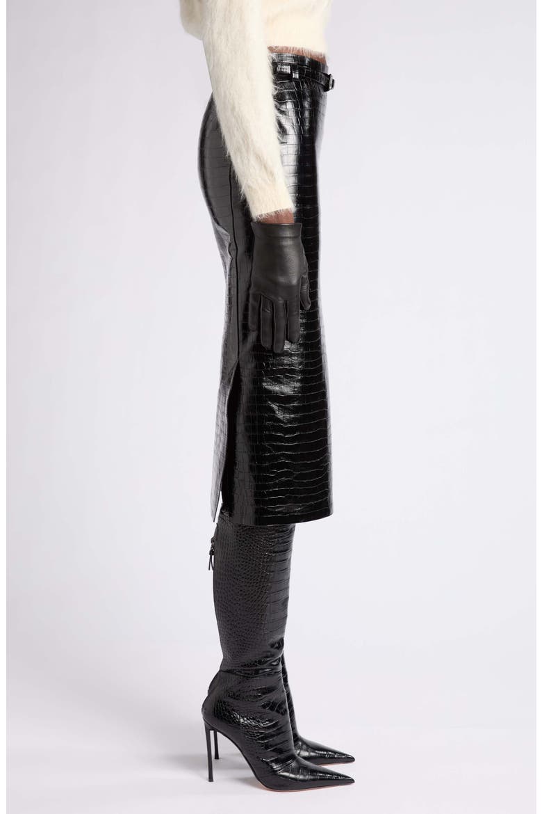 Croc Embossed Leather Pencil Skirt, Alternate, color, BLACK