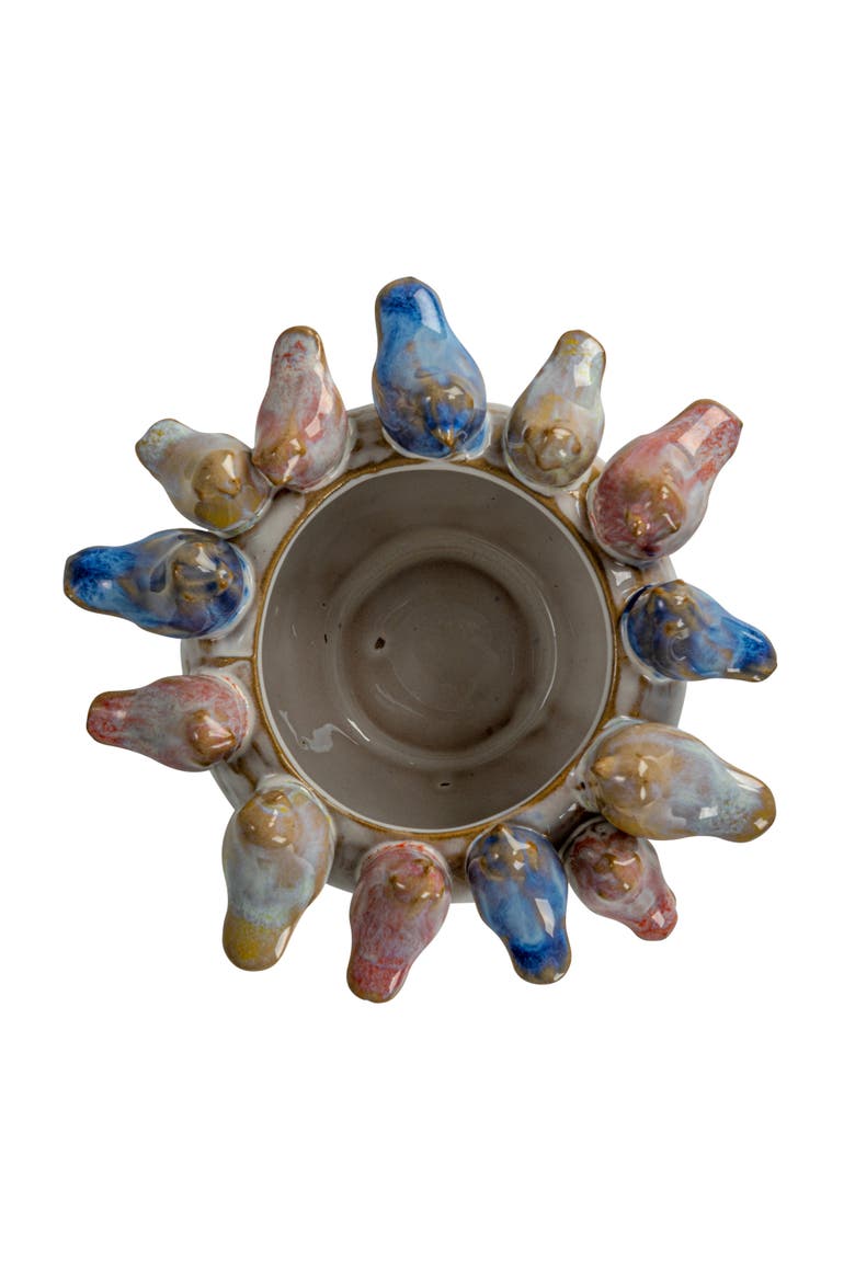 Stoneware Planter with Birds on Rim and Reactive Glaze, Multicolor, Alternate, color, Multicolor