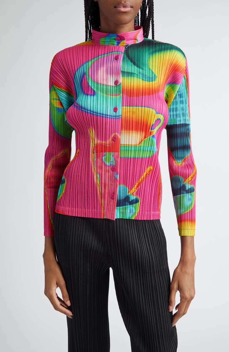 Pleats Please Issey Miyake Thermal Foods Print Pleated Cardigan, Main, color, 