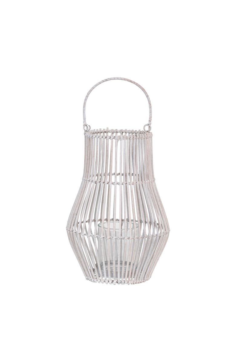 Storied Home Round Hand-Woven wood Lantern with Handle and Glass Insert, Main, color, White