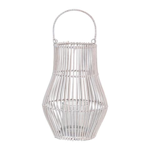 Round Hand-Woven wood Lantern with Handle and Glass Insert