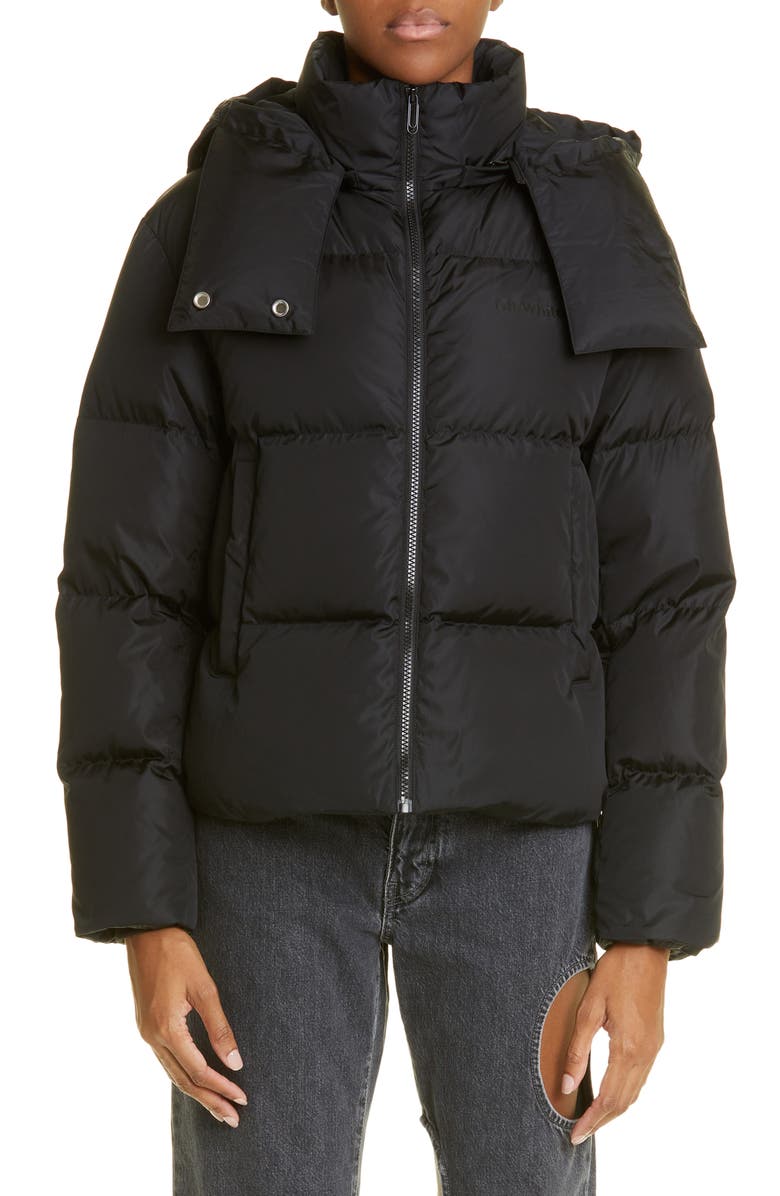 Off-White Regular Fit Diagonal Down Hooded Puffer Jacket, Main, color,