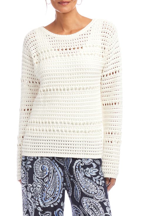 Open Stitch Boat Neck Cotton Sweater