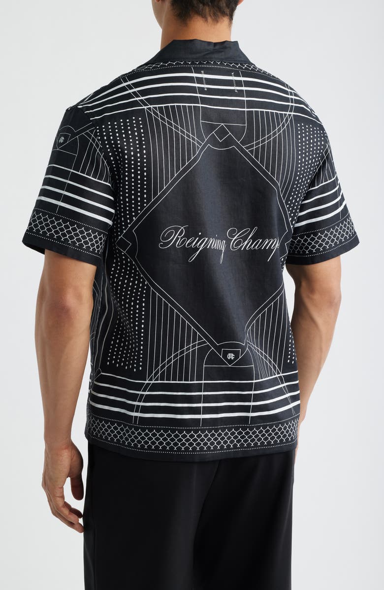 Reigning Champ Arena Relaxed Fit Geo Print Linen Camp Shirt, Alternate, color, Black-White