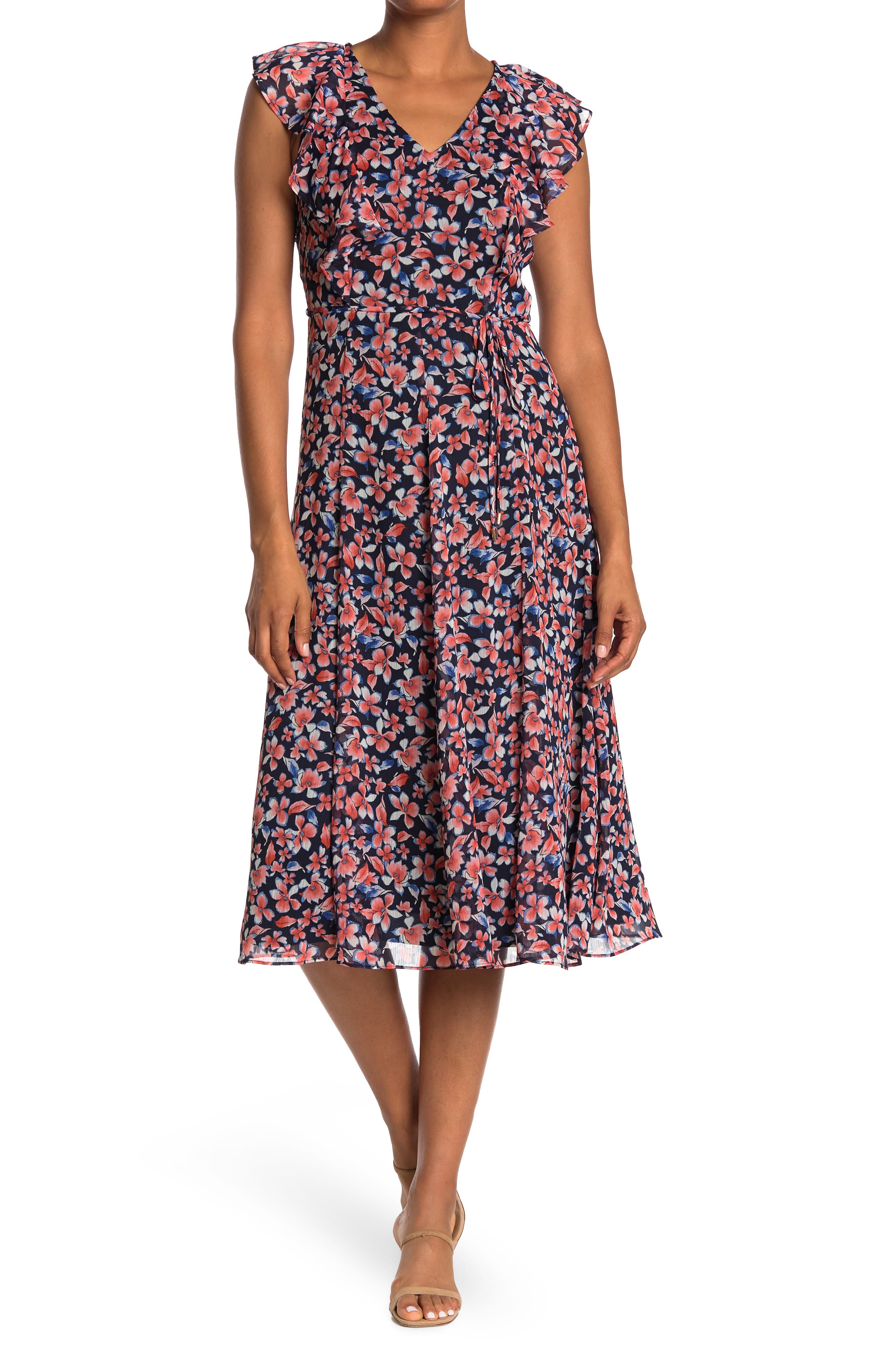Tommy Hilfiger Floral Ruffled Chiffon Midi Dress (Women) | Nordstromrack
