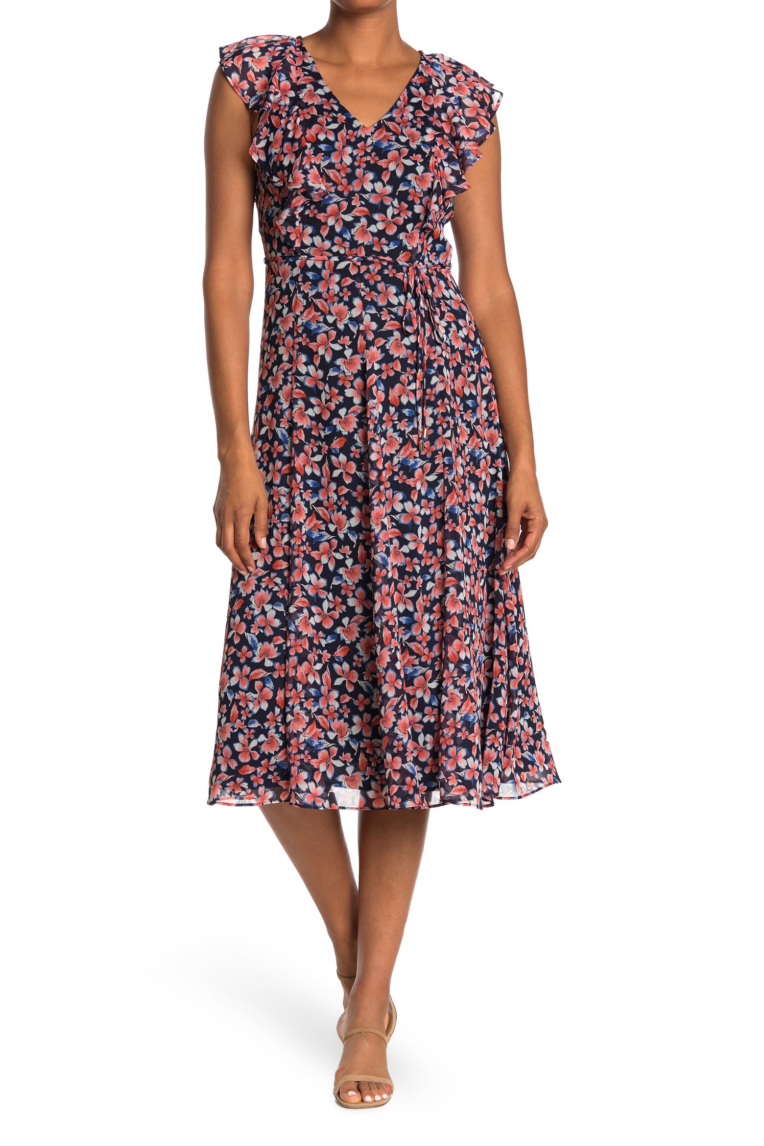 Ruffle Model Tommy Hilfiger Floral Ruffled Chiffon Midi Dress (Women) | Nordstromrack