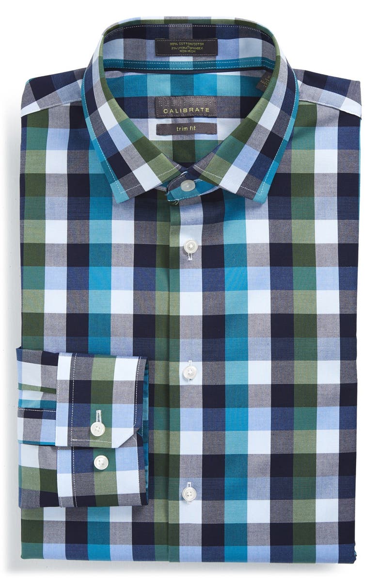 Calibrate Trim Fit Non-Iron Stretch Check Dress Shirt, Main, color,