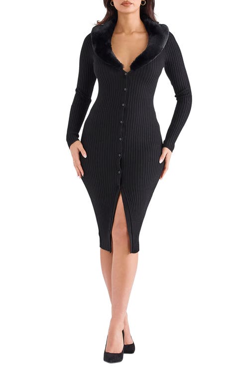 Raine Faux Fur Trim Long Sleeve Rib Dress