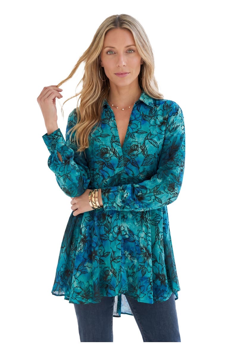 Hand Crinkled Fit And Flare Tunic, Main, color, DEEP TURQUOISE TIE DYE FLORAL