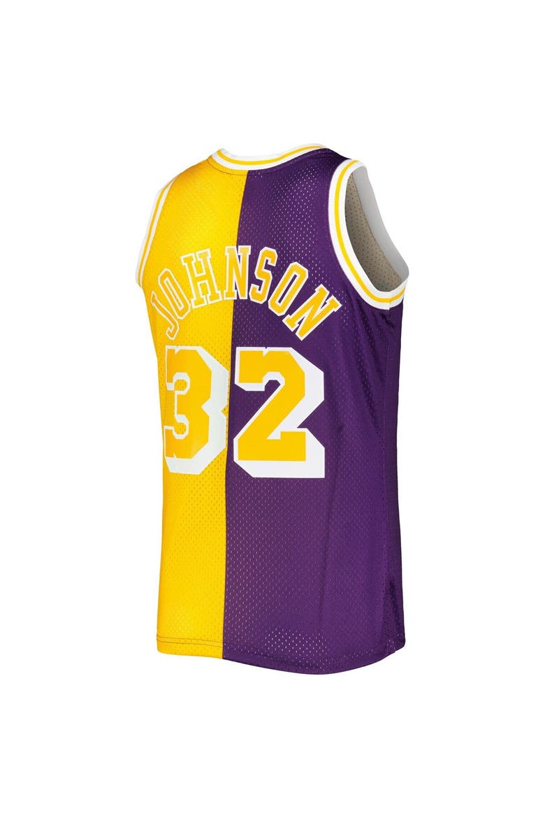 Men's Mitchell & Ness Magic Johnson Purple/Gold Los Angeles Lakers Hardwood Classics 1984/85 Split Swingman Jersey, Alternate, color, Purple