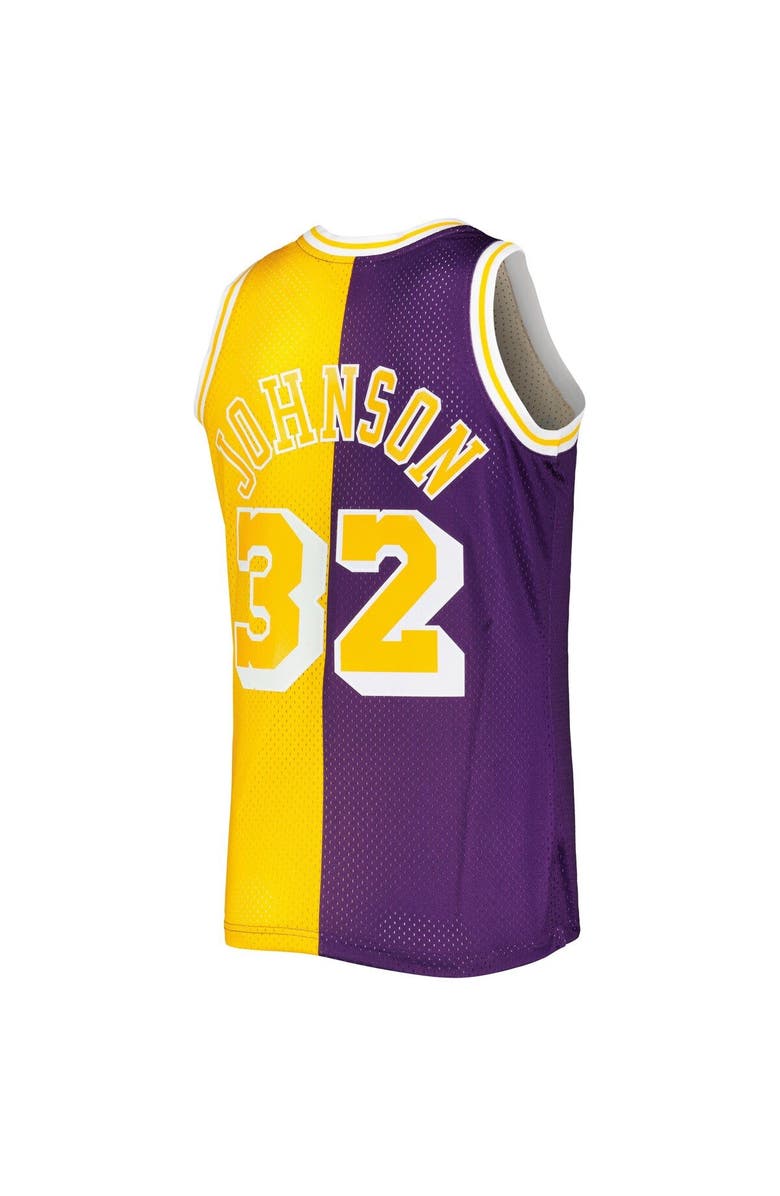 Mitchell & Ness Men's Mitchell & Ness Magic Johnson Purple/Gold Los Angeles Lakers Hardwood Classics 1984/85 Split Swingman Jersey, Alternate, color,