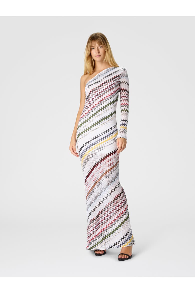 One-shoulder Long Dress In Viscose And Cotton, Alternate, color, Multicoloured