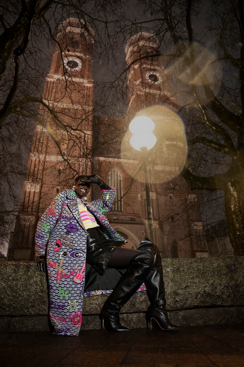 Long Tweed Jacquard Coat, Alternate, color, Black / Multicolour