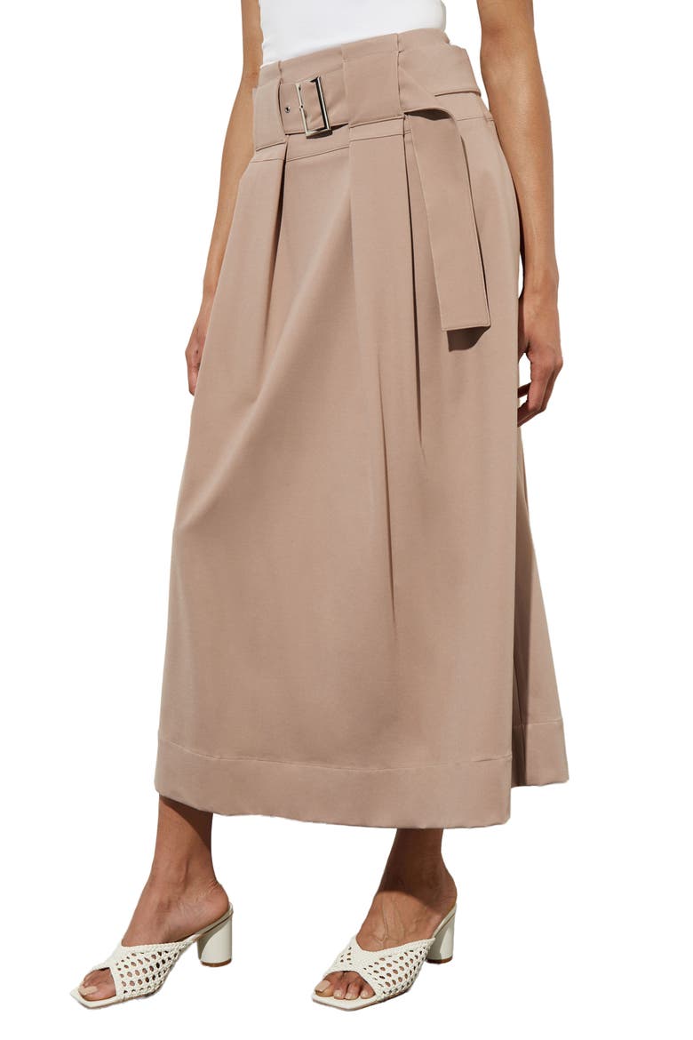 Pleated Belted A-Line Midi Skirt, Alternate, color, JAVA