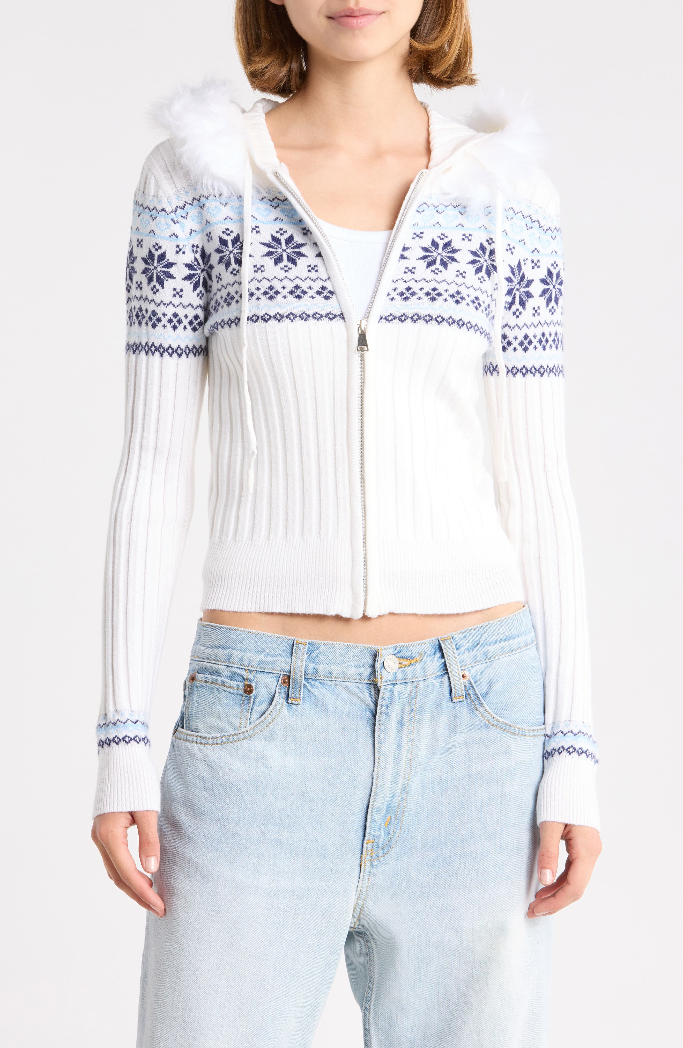Faux Fur Trim Jacquard Hooded Cardigan