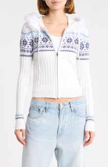 Faux Fur Trim Jacquard Hooded Cardigan