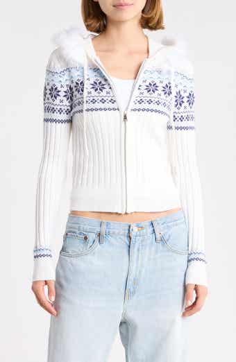 Faux Fur Trim Jacquard Hooded Cardigan