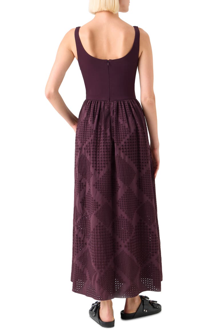 Mixed Media Diamond Eyelet Belted Midi Dress, Alternate, color, BLACKBERRY