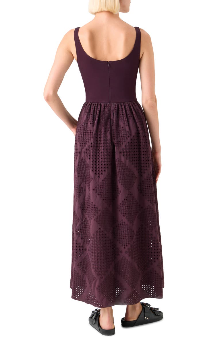 Akris punto Mixed Media Diamond Eyelet Belted Midi Dress, Alternate, color, Blackberry