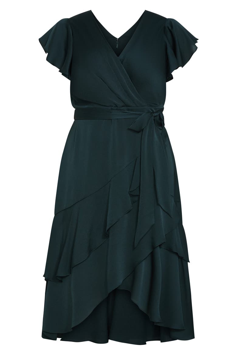 Jen Ruffle Faux Wrap Satin Dress, Alternate, color, HUNTER GREEN