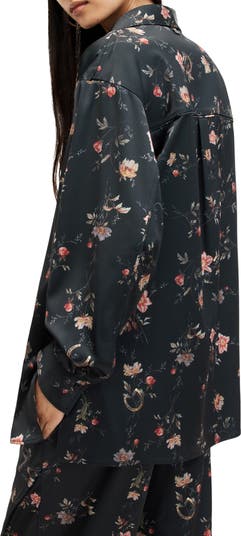 Louisa Tanana Floral Print Satin Button-Up Shirt
