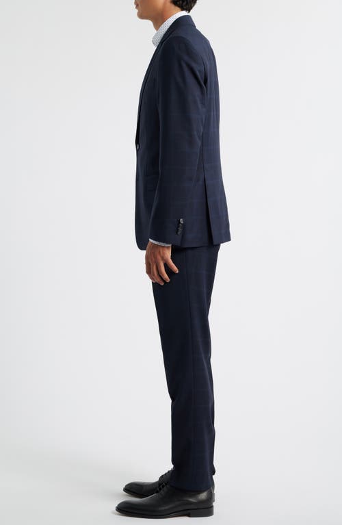Hugo Boss Boss Huge Slim Fit Windowpane Check Navy Wool Suit In Blue