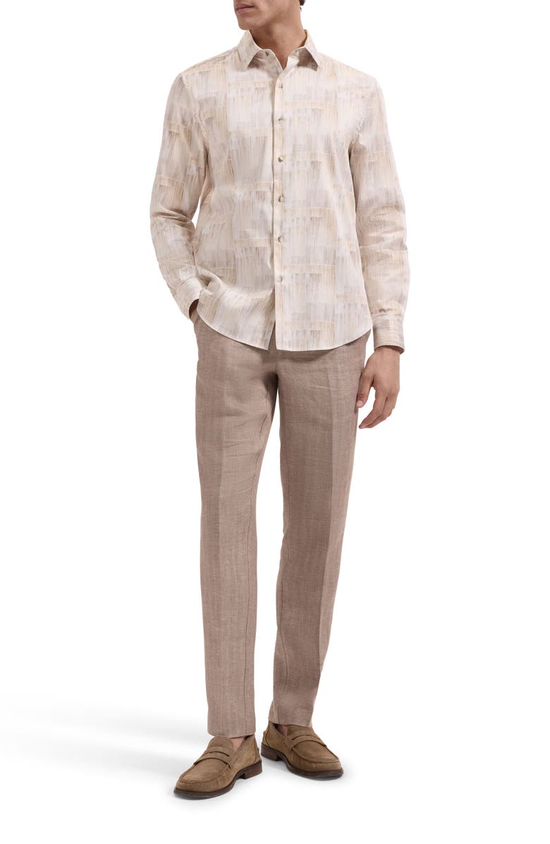 Bugatchi Julian Shaped Fit Brushstroke Print Stretch Cotton Button-Up Shirt, Alternate, color, Almond