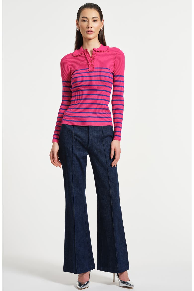 Stripe Ruffle Rib Polo Sweater, Alternate, color, FUSCHIA/ COBALT