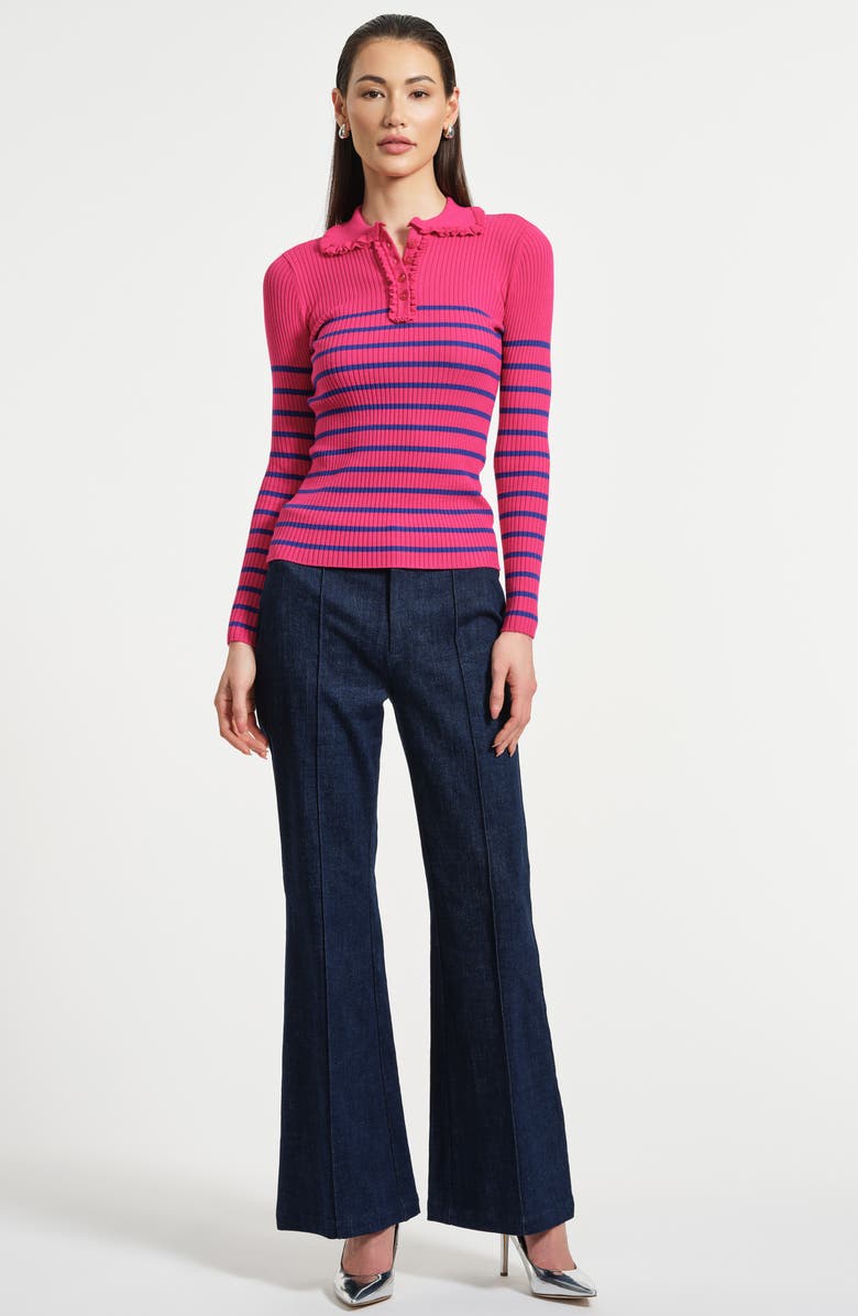Isaac Mizrahi New York Stripe Ruffle Rib Polo Sweater, Alternate, color, Fuschia/ Cobalt