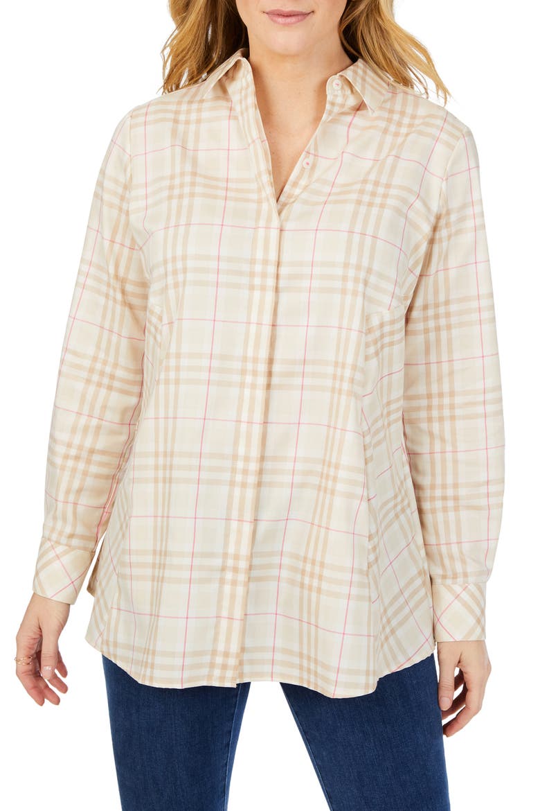 Cici Plaid Cotton Button-Up Tunic Shirt, Alternate, color, BIRCH WOOD
