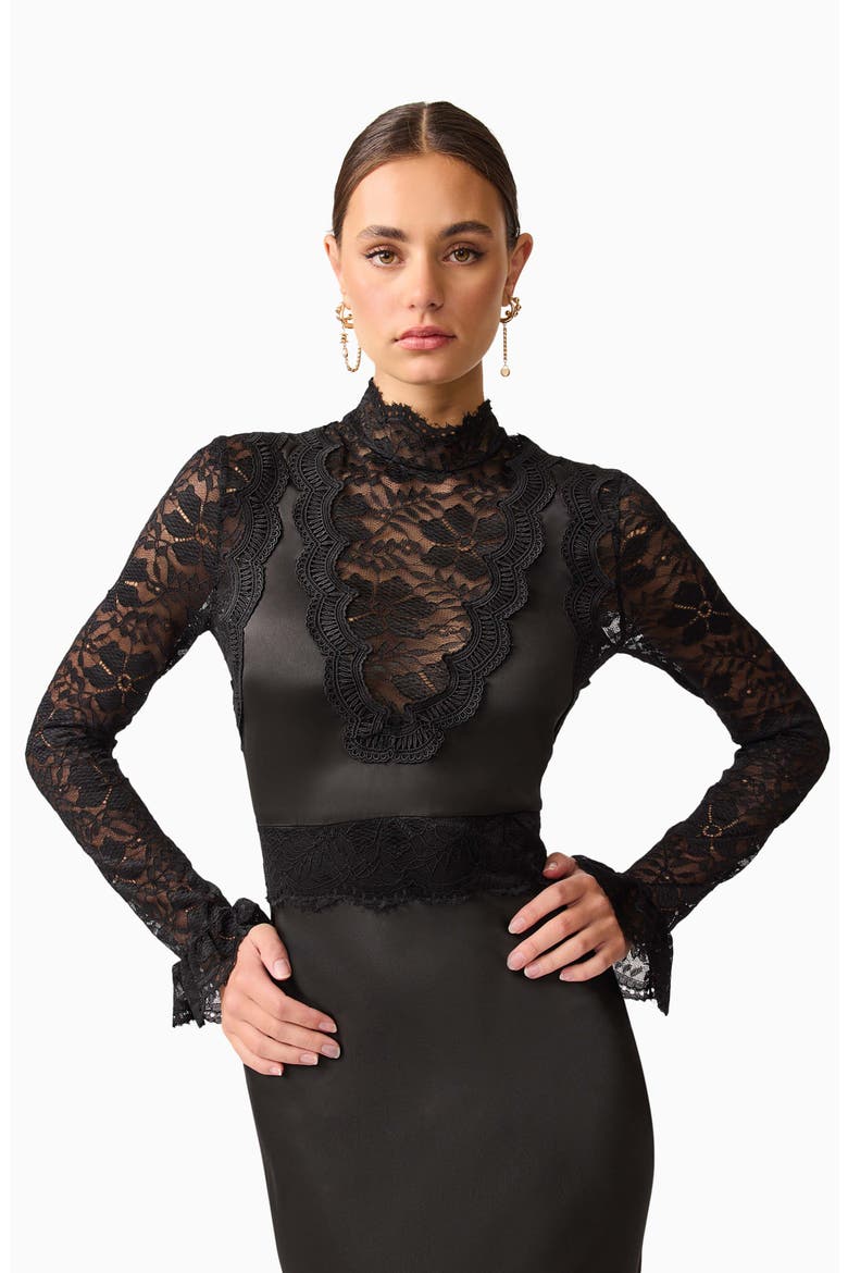 Margot Lace Inset Long Sleeve Gown, Alternate, color, BLACK