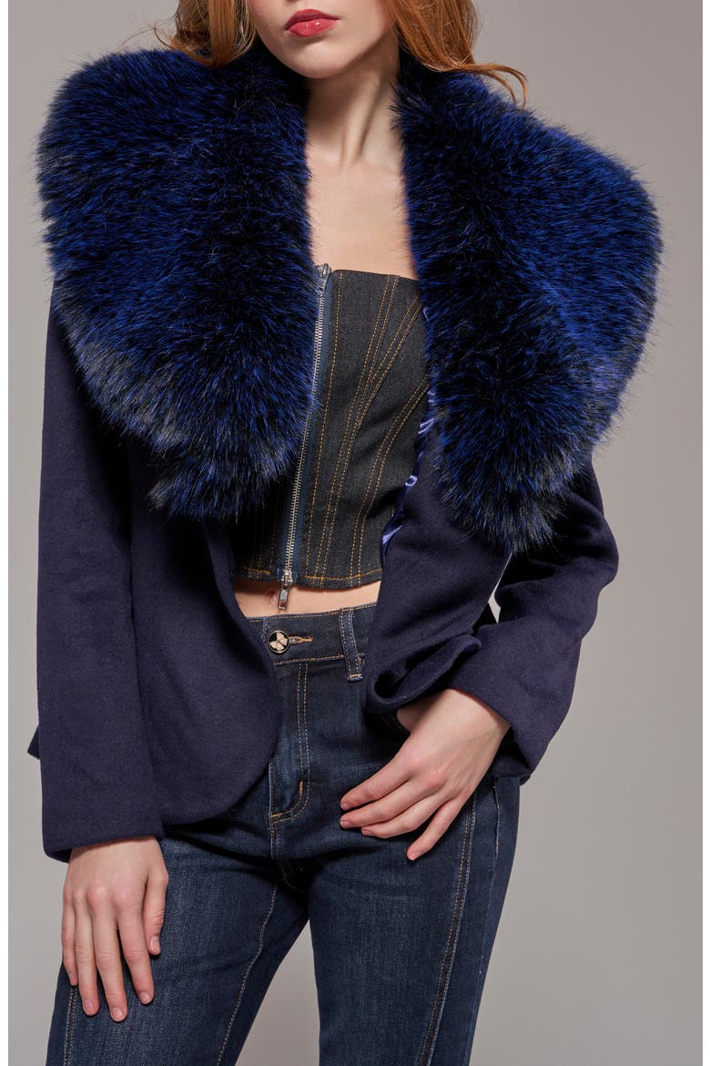 Liliane Wool Blazer with Faux Fur Collar, Alternate, color, NAVY