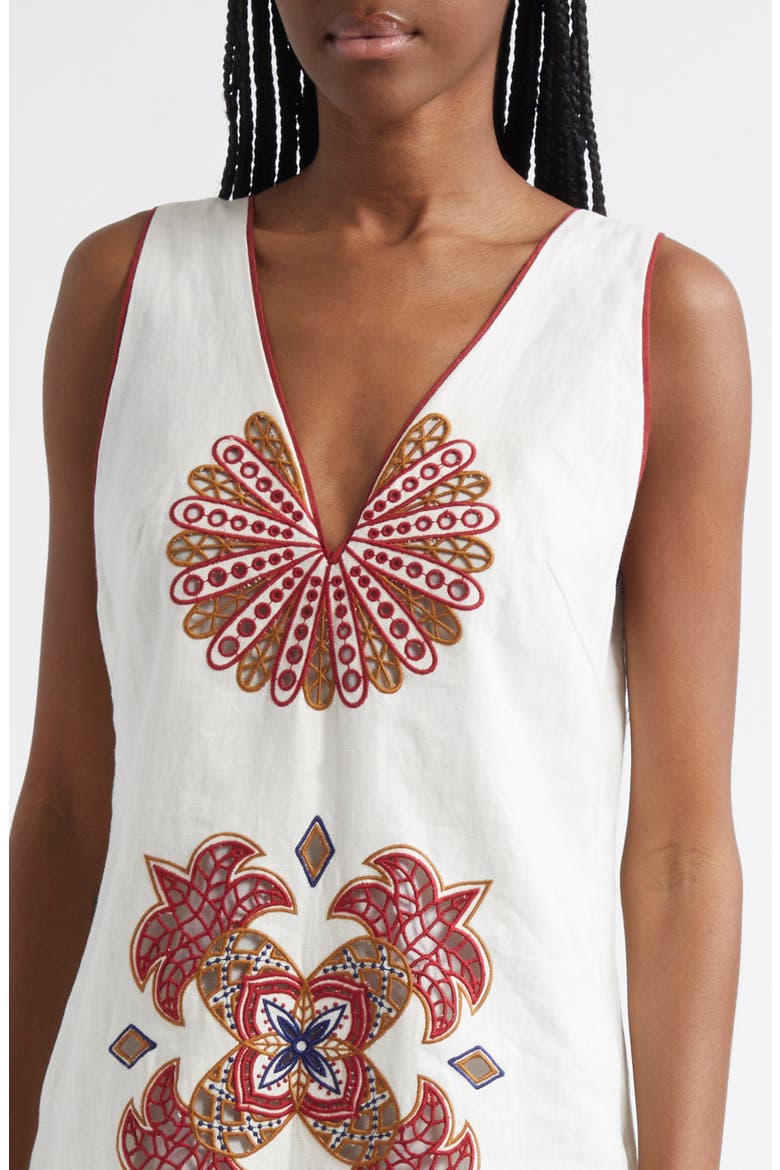Mary's Tiles Embroidered Detail Linen Dress, Alternate, color, OFF-WHITE