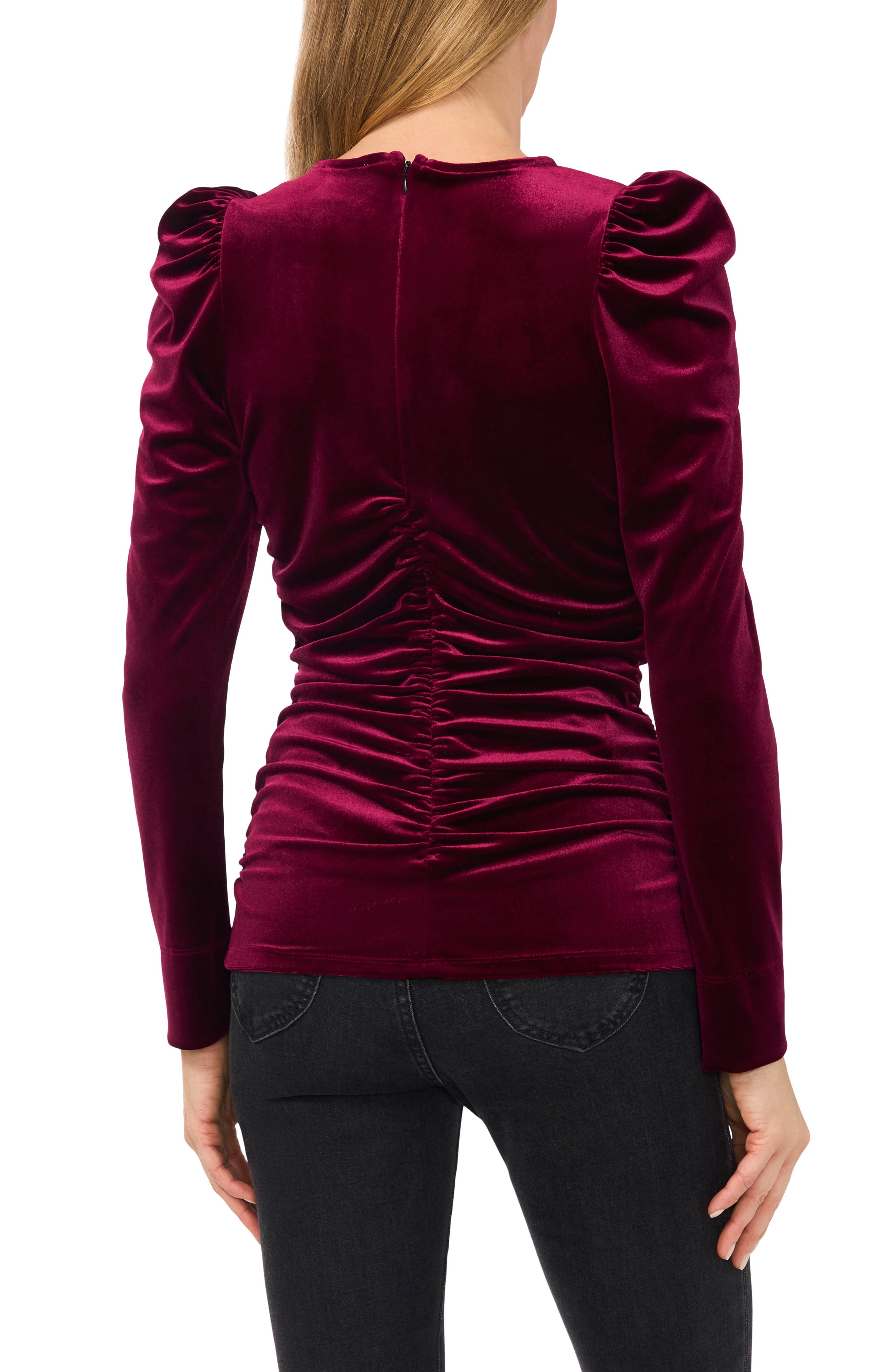 Ruched Puff Sleeve Stretch Velvet Top - image 2