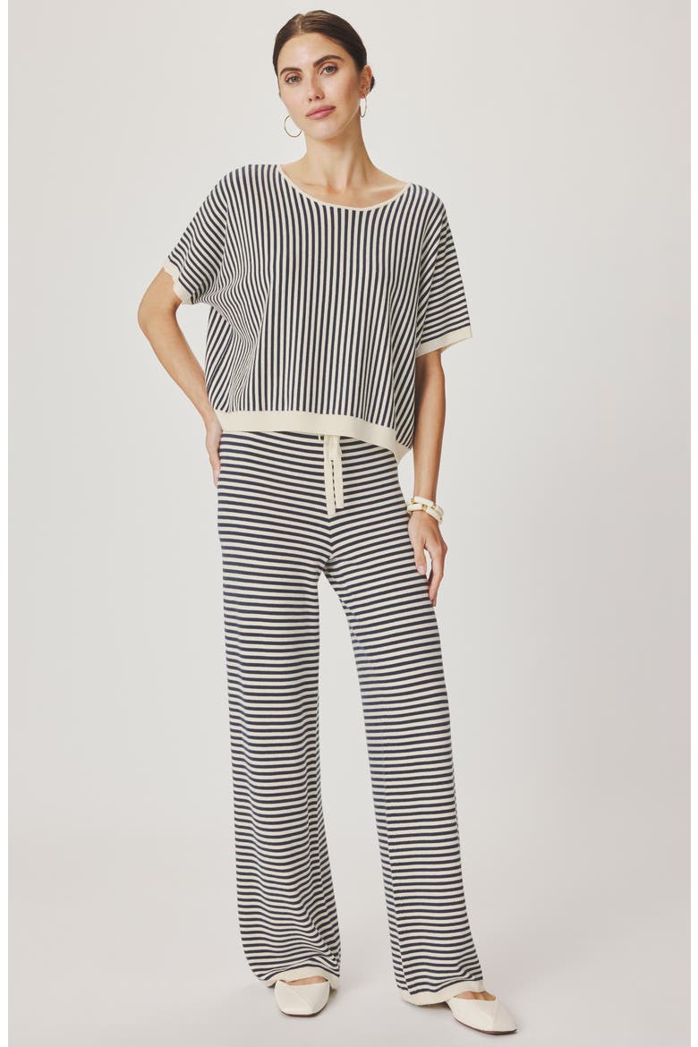 Christa Stripe Short Sleeve Sweater, Alternate, color, MOOD INDIGO BLUE/ WHITE