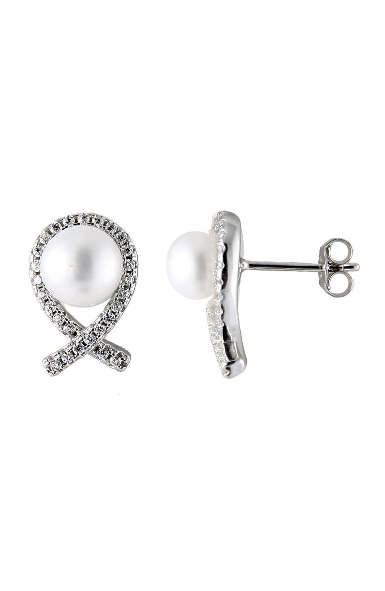 SPLENDID PEARLS CZ Halo & White 7-7.5mm Cultured Freshwater Pearl Stud Earrings, Main, color, 