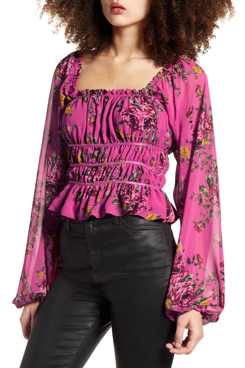 Liza Long Sleeve Smocked Peplum Top, Main, color, MAGENTA FLORAL